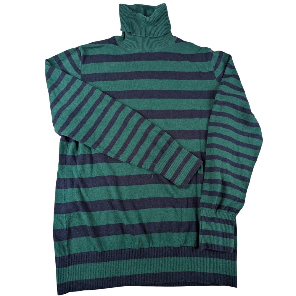 LL Bean Womens Green Navy Striped Cotton Cashmere Turtleneck Sweater L 503430
